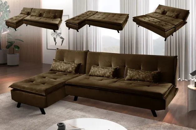 Sofa Cama Milano 3Lgs com Chaise Jolie Rose 2267A Luxury — Suede Marrom 2241-B
