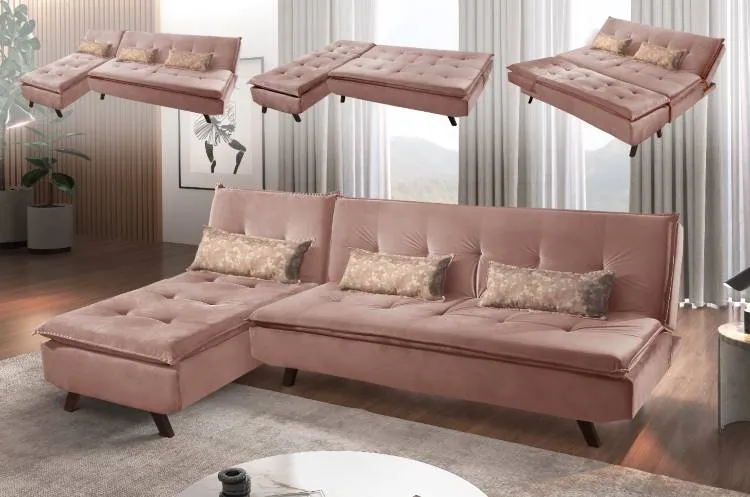 Sofa Cama Milano 3Lgs com Chaise Jolie Rose 2267A Luxury — Veludo Jolie Rosê 2267-A
