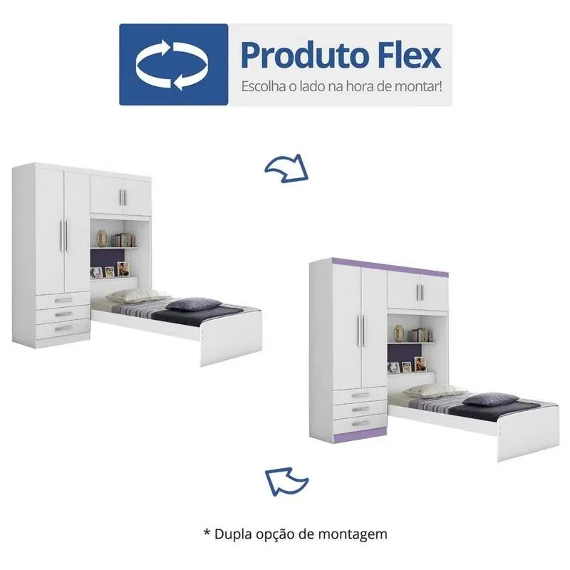 Roupeiro Cama Solteiro Cancun 4P3G Branco.Lilas Flex J&A Moveis — Branco/Lilás Flex