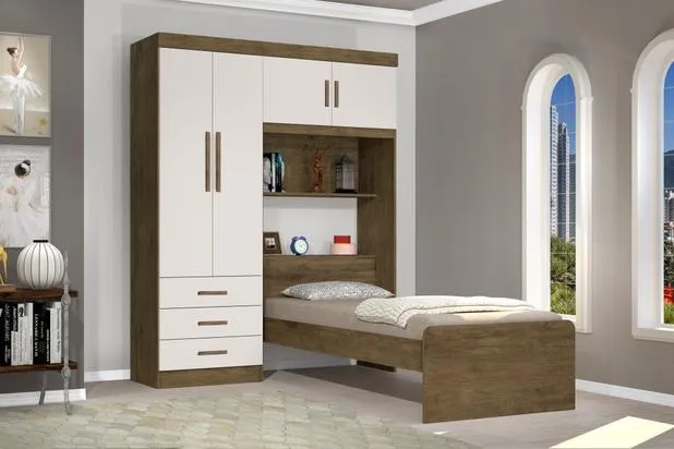 Roupeiro Cama Solteiro Cancun 4P3G Branco.Lilas Flex J&A Moveis — Jequitibá/Off White
