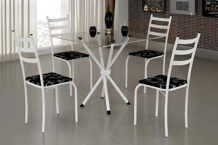 Conjunto Mesa Maraba 75x75 BrancoTmp Vidro Quadrado com 4 Cds Branco.Lirio Preto Teixeira — Mesa Marabá Tmp Vidr Qdrd - Branco/Preto