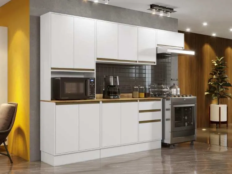 Balcao Coz Barcelona 120 3P2G Carvalho Salleto — Cozinha Barcelona 4 Peças/Branco