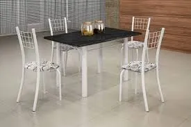 Conj Mesa Dany 100x60 Tmp Pedra 4Cds Branco Soma — Mesa 100x60 Branco - Pedra de Ardósia Preta