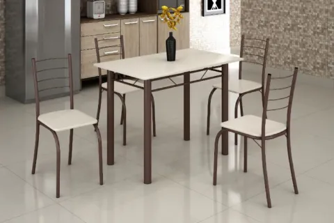 Conjunto Mesa Rio 100x60 Marrom Tmp Ardosia Off White e 4 Cadeiras Rio Marrom Assento Off White Teixeira