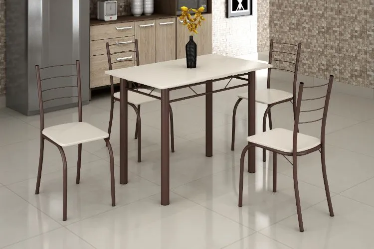 Conjunto Mesa Rio 100x60 Marrom Tmp Ardosia Off White e 4 Cadeiras Rio Marrom Assento Off White Teixeira — Mesa Rio 100x60 Marrom- Corino Creme/Marrom