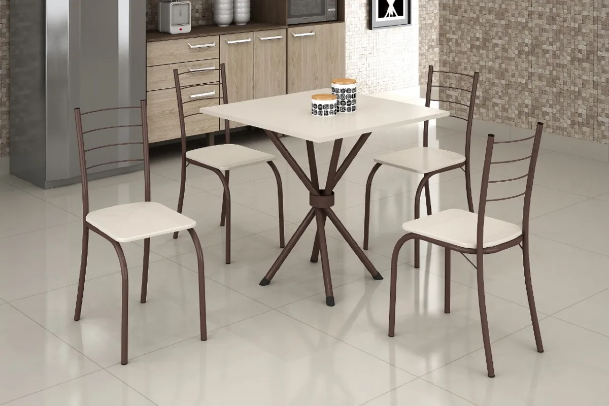 Conjunto Mesa Rio 70x70 Marrom Tmp Ardososia Quadrado Off White com 4 Cds Marrom Creme Teixeira — Mesa Rio Ardosia.Off W 75x75 Creme/Marrom