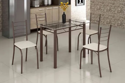 Conjunto Mesa Rio 100x60 Marrom Tmp Vidro com 4 Cds Marrom.Creme Teixeira