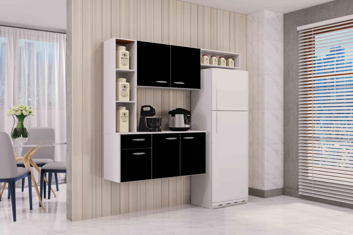 Cozinha Suspensa com Balcao Isis 163 Branco Detalhe Preto Poquema — Preto PR