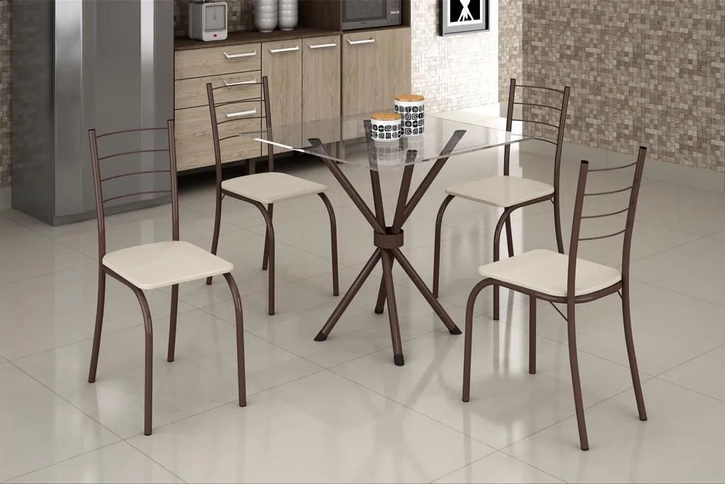 Conjunto Mesa Rio 70x70 MarromTmp Vidro Quadrado com 4Cds Marrom.Creme Teixeira — Mesa Rio 70x70 - Marrom/Creme