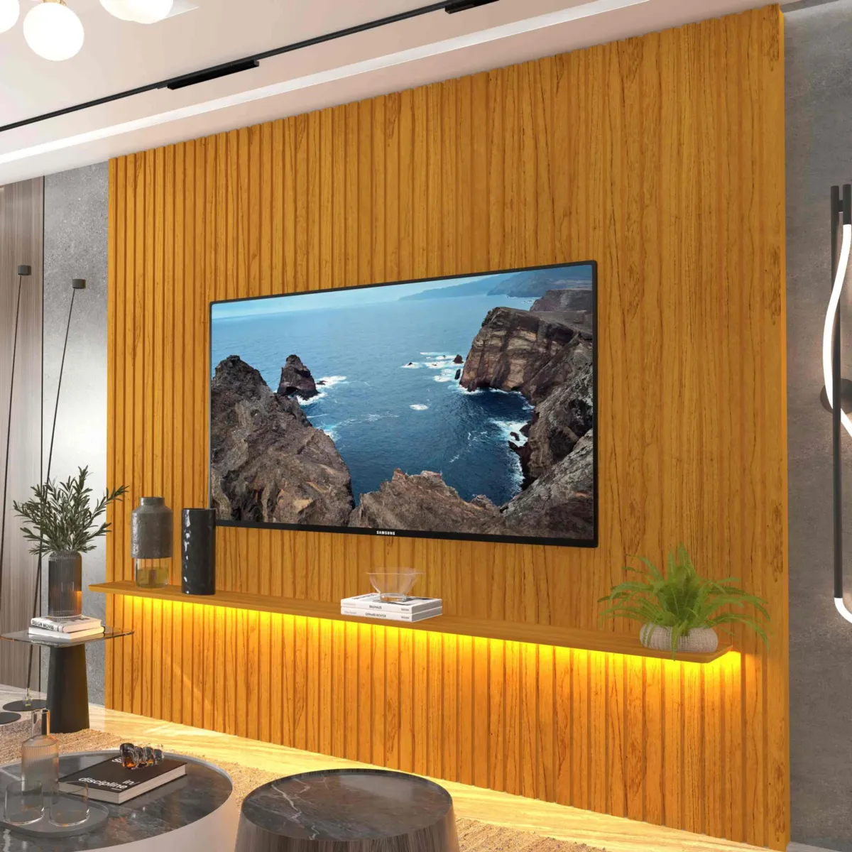 Painel Nobre Ripado 230 1Prateleira com LED Grafite Gelius — Painel Nobre Ripado 230 - Naturale