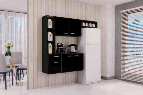 Cozinha Suspensa com Balcao Isis 163 Branco Detalhe Preto Poquema