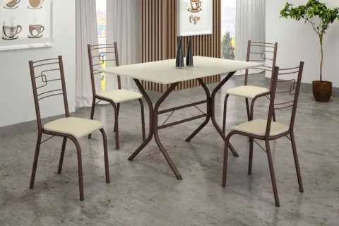 Conjunto Mesa Paraty 120x75 Marrom Tmp Ardosia Off White com 4 Cds Marrom.Creme Teixeira