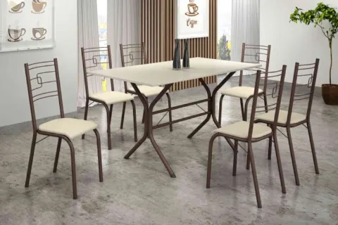 Conjunto Mesa Paraty 140x75 Marrom Tmp Ardosia Off White com 6 Cds Marrom.Creme Teixeira