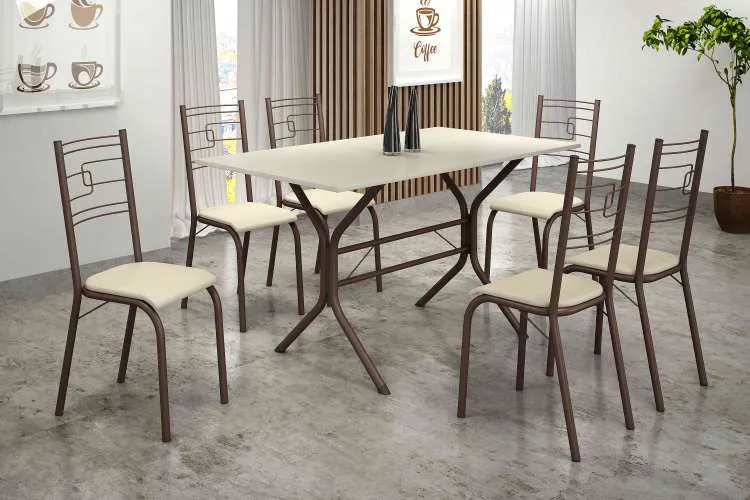 Conjunto Mesa Paraty 140x75 Marrom Tmp Ardosia Off White com 6 Cds Marrom.Creme Teixeira — Mesa Paraty 140 - Marrom/Off White - Creme