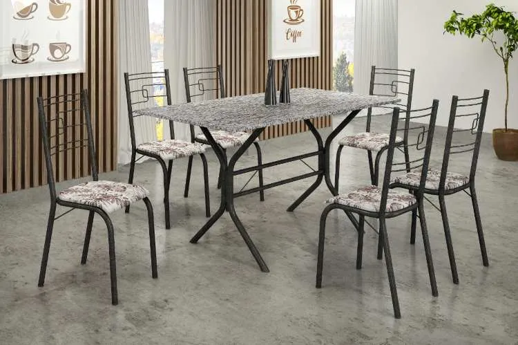Conjunto Mesa Paraty 140x75 Marrom Tmp Ardosia Off White com 6 Cds Marrom.Creme Teixeira — Mesa Paraty 140 - Martelado Cinza/Preto