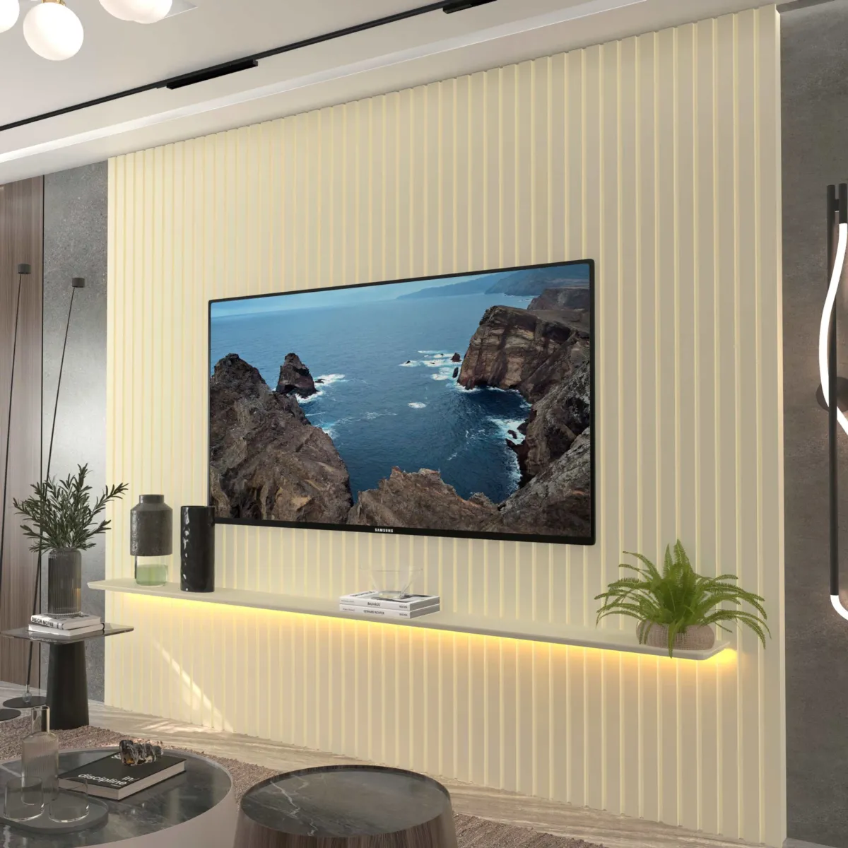 Painel Nobre Ripado 230 1Prateleira com LED Grafite Gelius — Painel Nobre Ripado 230 - Off White
