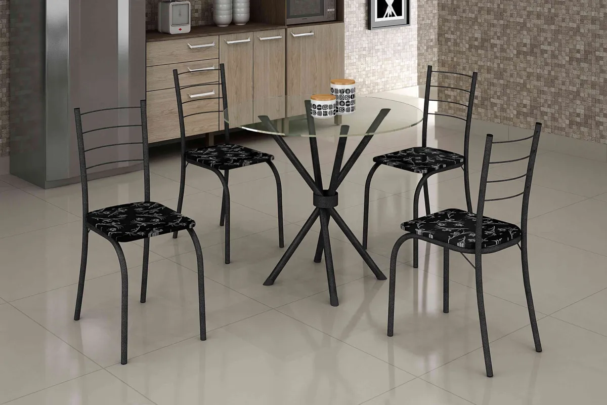 Conjunto Mesa Rio 75x75 Marrom Tmp Vidro Redondo com 4 Cds Marrom.Creme Teixeira — Mesa Rio Tmp Vidro - Martelado/Preto
