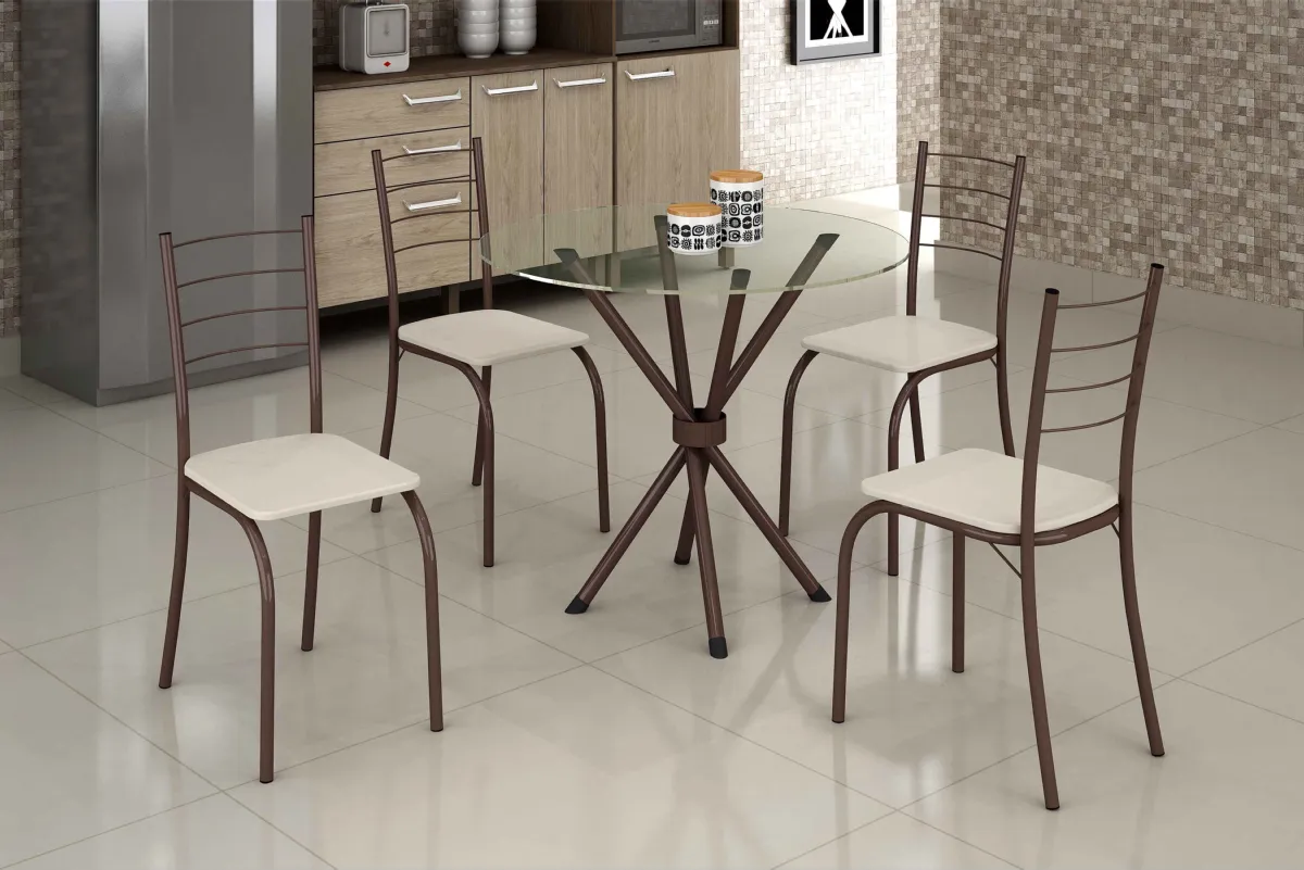 Conjunto Mesa Rio 75x75 Marrom Tmp Vidro Redondo com 4 Cds Marrom.Creme Teixeira — Mesa Rio Tmp Vdiro Redondo - Marrom/Creme