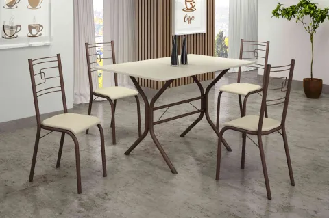 Conjunto Mesa Paraty 120x75 MarromTmp Madeira Off White com 4 Cds Marrom.Creme Teixeira
