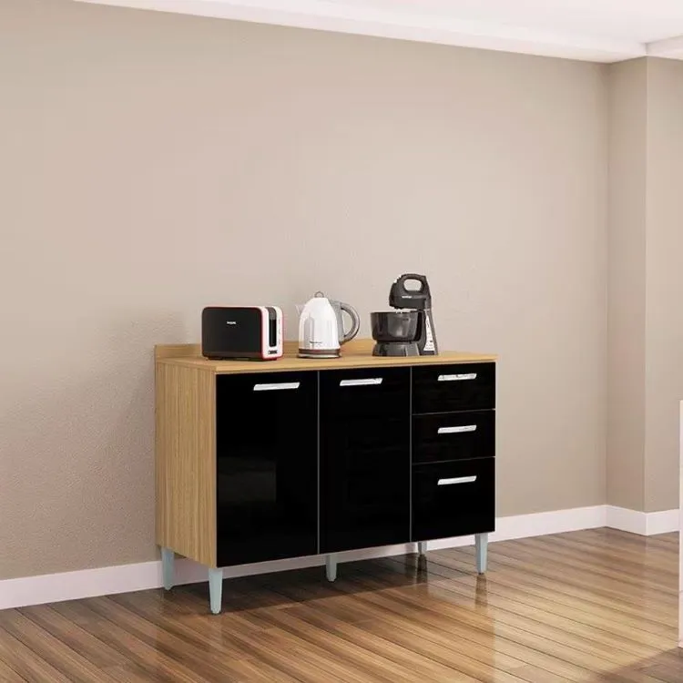 Balcao 3P2G 120 com Tampo Branco Poquema — Balcão 3P2G 120 com Tampo - Damasco/Preto