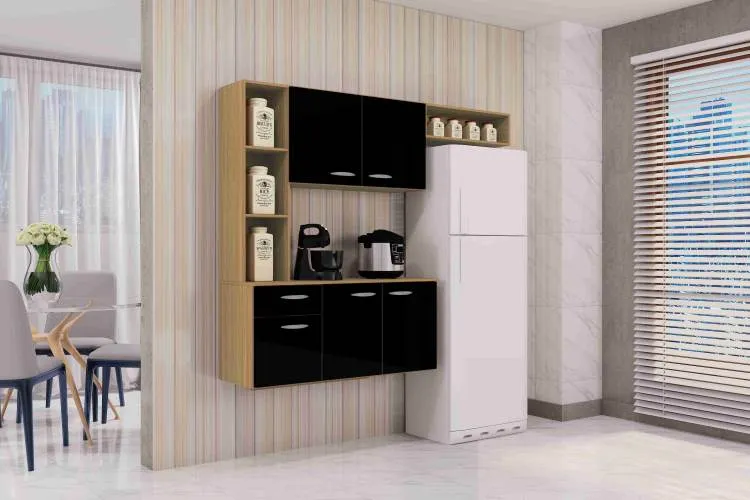 Cozinha Suspensa com Balcao Isis 163 Branco Detalhe Preto Poquema — Damasco/Preto