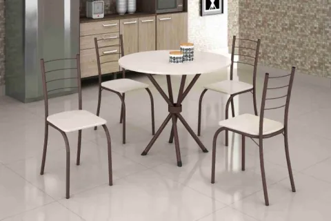 Conjunto Mesa Rio 70 Marrom Tmp Ardosia Redonda Off White com 4 Cds Marrom.Creme Teixeira