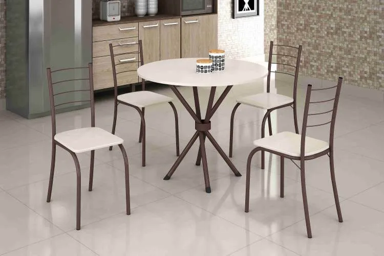 Conjunto Mesa Rio 70 Marrom Tmp Ardosia Redonda Off White com 4 Cds Marrom.Creme Teixeira — Mesa Rio Ardosia Redondo 75 - Creme/Marrom