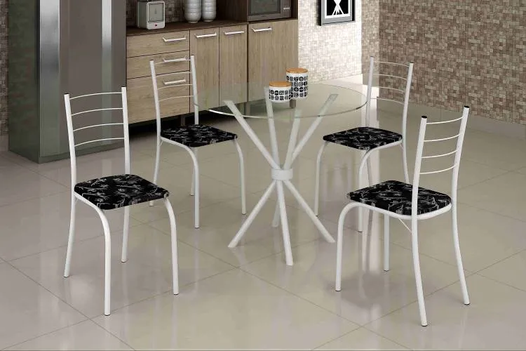 Conjunto Mesa Rio 75x75 Marrom Tmp Vidro Redondo com 4 Cds Marrom.Creme Teixeira — Mesa Rio Tmp Vidr - Branco/Preto