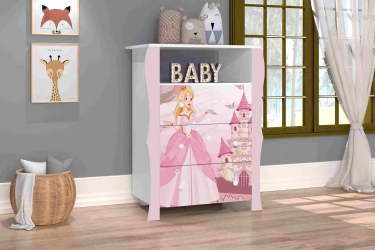 Caixa para Brinquedos Lara Princesa Branco.Rosa J&A Moveis — Cômoda Lara Princesa - Branco/Rosa