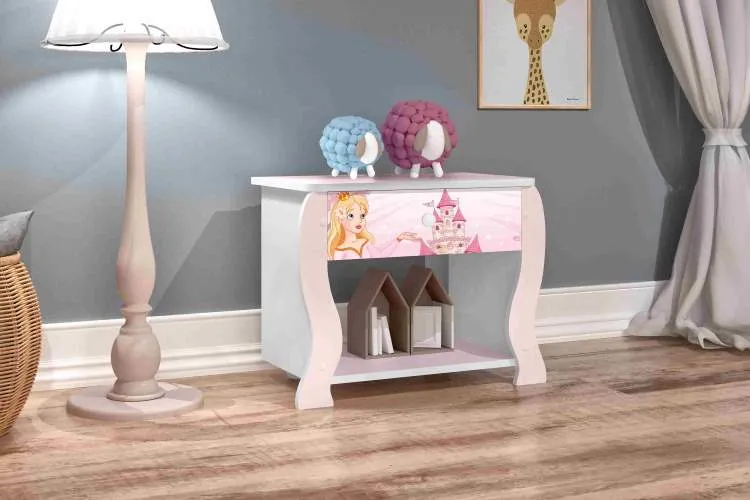 Caixa para Brinquedos Lara Princesa Branco.Rosa J&A Moveis — Mesa Cabeceira Lara Princesa - Branco/Rosa