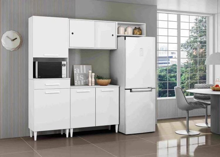 Cozinha Compacta com Balcao Isabelle Atacama.Grafite Aramoveis — Branco Texturizado