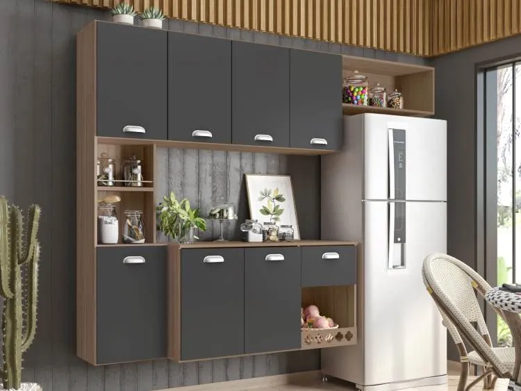 Cozinha Suspensa Mila 7P1G Carvalho Oak.Grafite Poliman — Carvalho Oak/Grafite