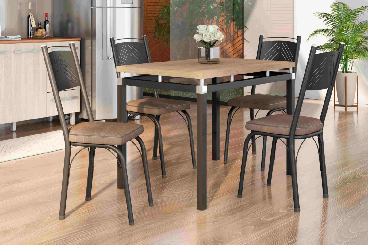 Mesa Malva Tmp BP 91x68 Branbco.Nature com 4Cds 151 Branco.Estofado Imbuia ou Rattan Artefamol — Preto/Nature - Estofado Imbuia