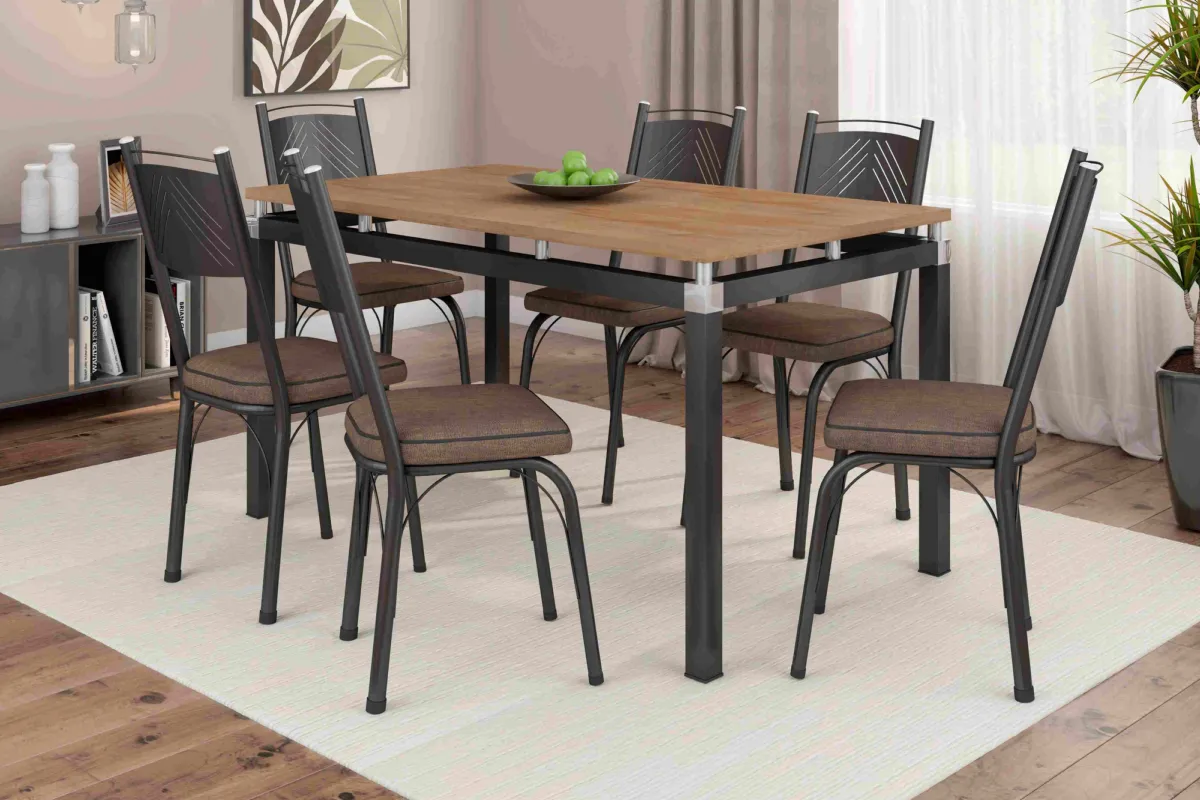 Mesa Malva Tmp BP 136x80 Branco.Naturale com 6Cds 151 Branco.Estofado Marrom Imbuia ou Rattan Artefamol — Preto/Nature - Estofado Marrom Imuia