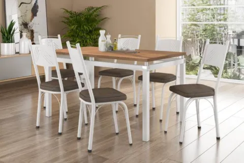 Mesa Malva Tmp BP 136x80 Branco.Naturale com 6Cds 151 Branco.Estofado Marrom Imbuia ou Rattan Artefamol
