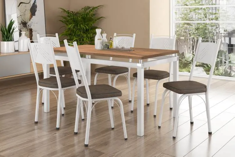 Mesa Malva Tmp BP 136x80 Branco.Naturale com 6Cds 151 Branco.Estofado Marrom Imbuia ou Rattan Artefamol — Branco/Nature - Estofado Marrom Imbuia