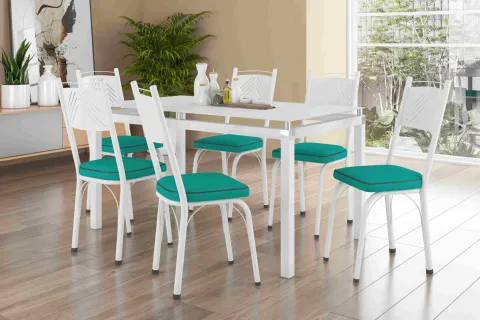 Mesa Malva Tmp Vdr 140x80 Branco.Branco com 6Cds 151 Branco.Estofado Turquesa Artefamol