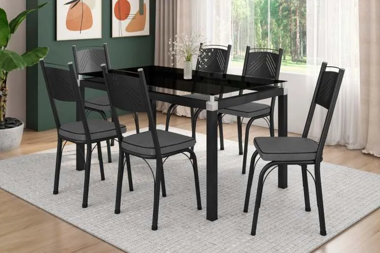 Mesa Malva Tmp Vdr 140x80 Branco.Branco com 6Cds 151 Branco.Estofado Turquesa Artefamol — Preto/Preto - Estofado Cinza Andorinha