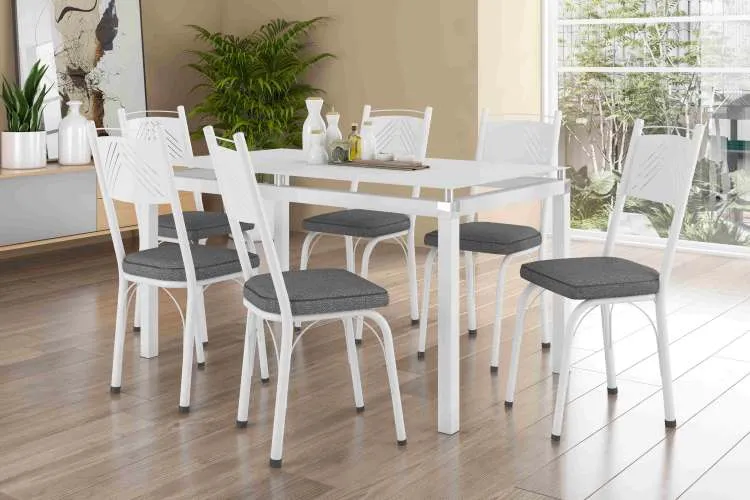 Mesa Malva Tmp Vdr 140x80 Branco.Branco com 6Cds 151 Branco.Estofado Turquesa Artefamol — Branco/Branco  - Estofado Cinza Andorinha