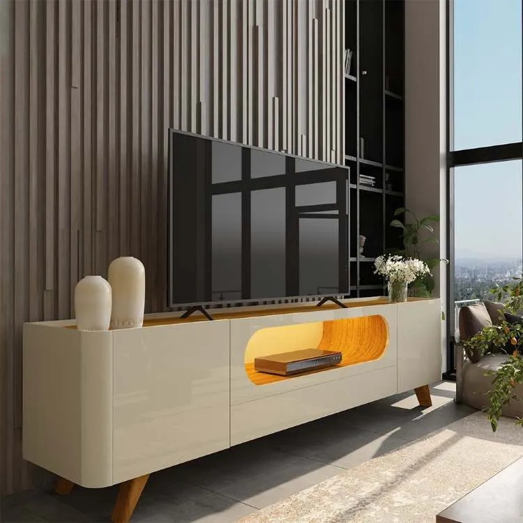 Rack Nobre 210 com LED e Pes Madeira Off White.Naturale Gelius — Off White/Naturale