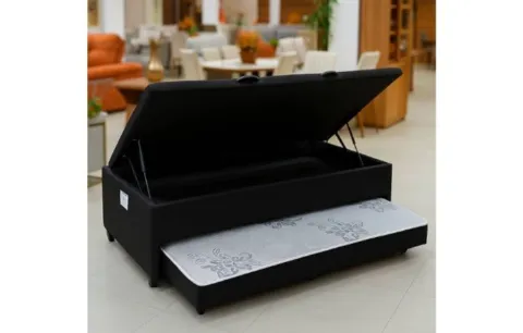 Base Bau Solteiro com Cama Auxiliar 88x188x47 Corino Preto AN SR Moveis