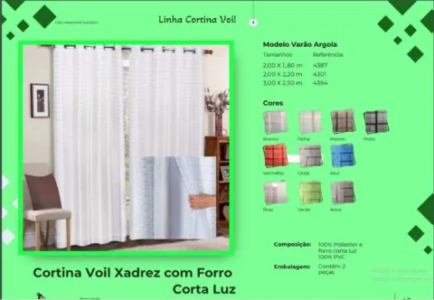 Cortina Voil Xadrez 2,00m x 1,80m sem Black Out Cores Sortidas Pena Verde