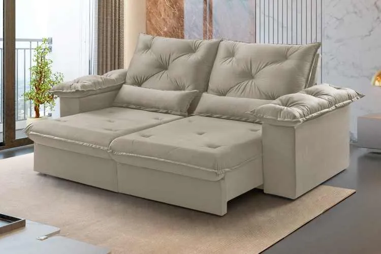 Estofado Retratil Reclinavel Atlas 230 2x90 + Braco 25cm Veludo Inca Grafite 10 Idealle — Estofados Atlas 230 - Linho Bege