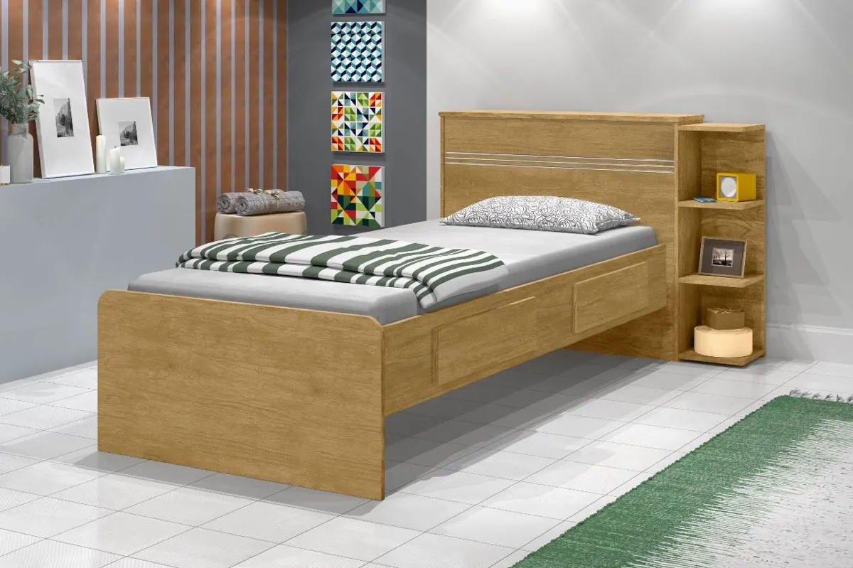 Cama Solteiro Bau Jade com Gavetas Branco.Lilas Flex J&A Moveis — Nature