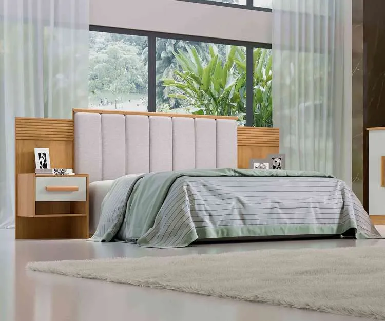 Cabeceira Casal Iris 140 Branco com Detalhe Ripado D Doro — Cinamomo/Off White Detalhe Ripado