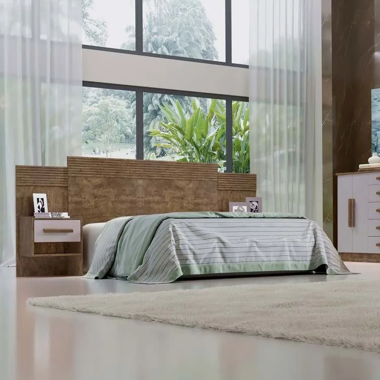 Cabeceira Casal Marselha 140 Branco com Detalhe Ripado D Doro — Ipê/Off White Detalhe Ripado