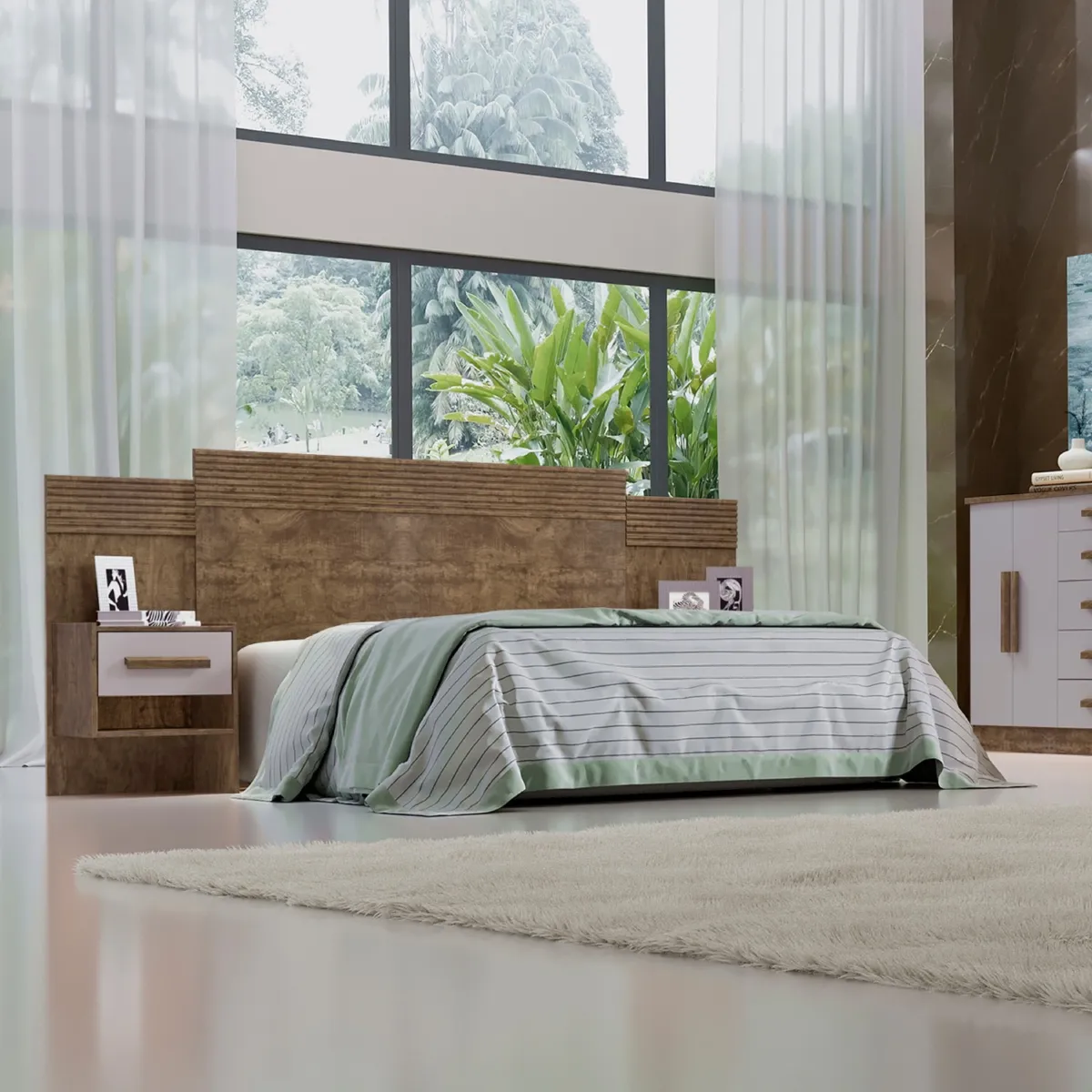 Cabeceira Queen Marselha 160 Branco Dt Ripado D Doro — Ipê/Off White Detalhe Ripado