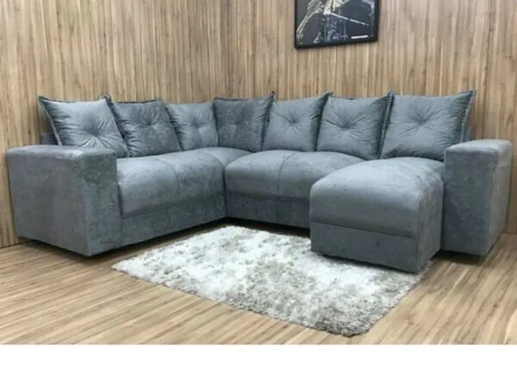 Conj Estof Canto Alice 2x3Lg e Chaise Suede Azul Metalon — Veludo Suede - Cinza
