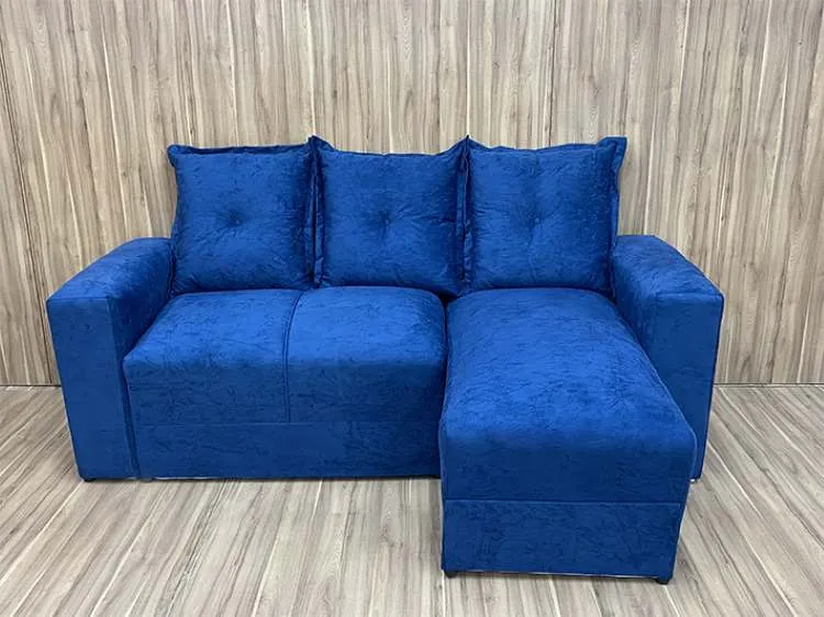 Estofado Lucas 2Lgs com Chaise Suede Azul Metalon — Veludo Suede - Azul