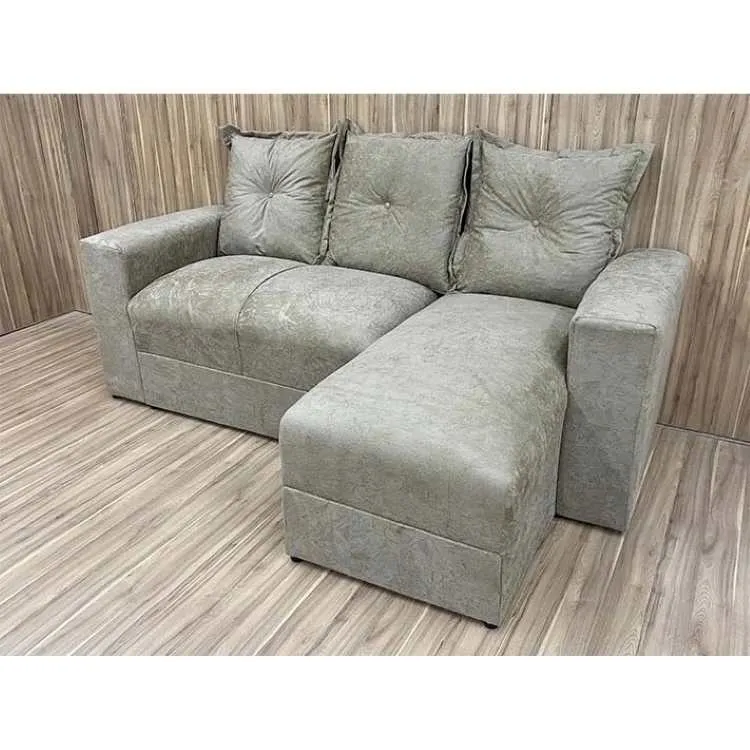 Estofado Lucas 2Lgs com Chaise Suede Azul Metalon — Veludo Suede - Bege